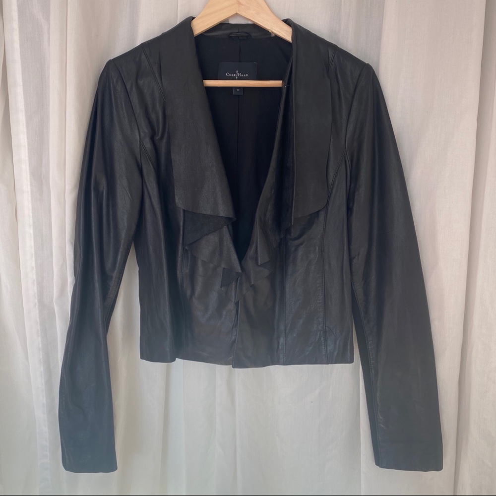 NWOT Cole Haan black leather jacket with drape